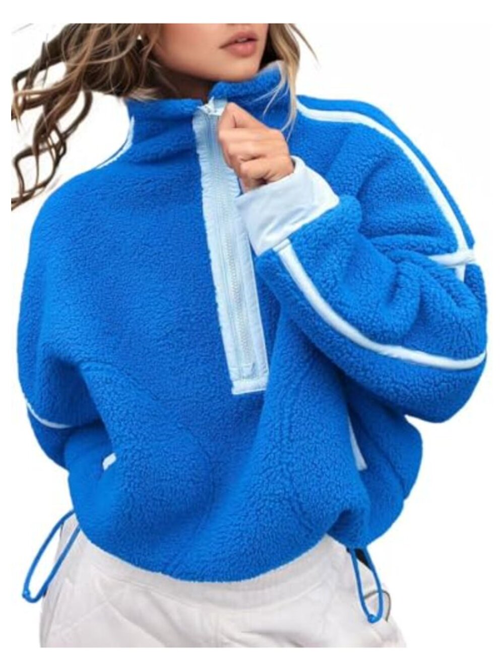 Fleece Half Zip Pullover Sweatshirt Oversized Crop Hoodie Pocket